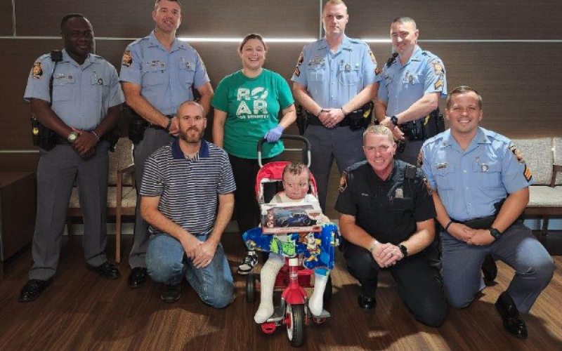 Troopers from Post 52 in Hartwell present Bennett Dornellas with a care package upon his release from the burn center in Augusta. Pictured above (from left to right) Front row: SFC Fleming, Bennett Dornellas, TFC2 Green, and SGT Dean. Back row: TFC2 Anderson, TFC1 Pratz, Chelsea Oliver [Benett’s Mother], CPL Andrews, and CPL Gandy.