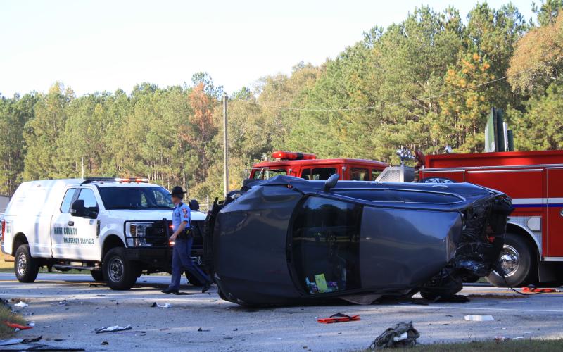 A three-car accident on Bowersville Hwy. Tuesday afternoon shut down traffic in both directions coming in and out of Hartwell, and sent one victim to the hospital.