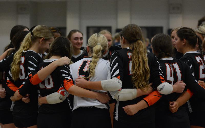 The Volley Dogs huddle up after a set earlier in the season.