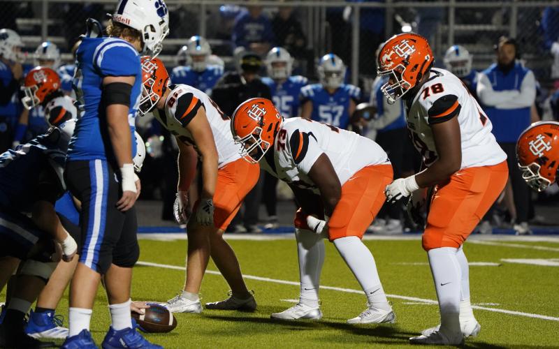 Bulldogs junior defensive tackle Bryce Durrett (73) gets down in his stance during the 19-0 loss at Ringgold. Photo by Greg Gaines.