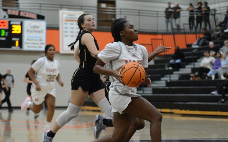 Freshman guard Niyah Gaines goes up for the tough lay up against Pendleton.