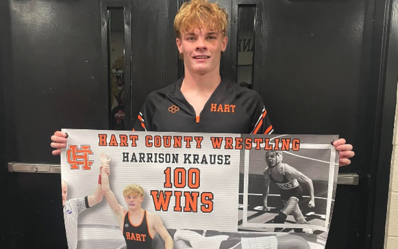 Senior Mat Dog Harrison Krause wins his 100th career high school match against Franklin.