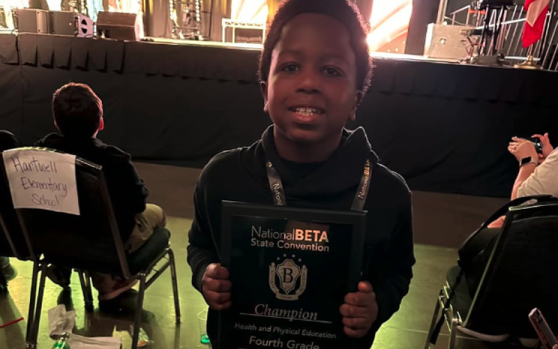 Fourth grader Caden Fortson took home first place in the health and physical education competition at the National Beta state convention.
