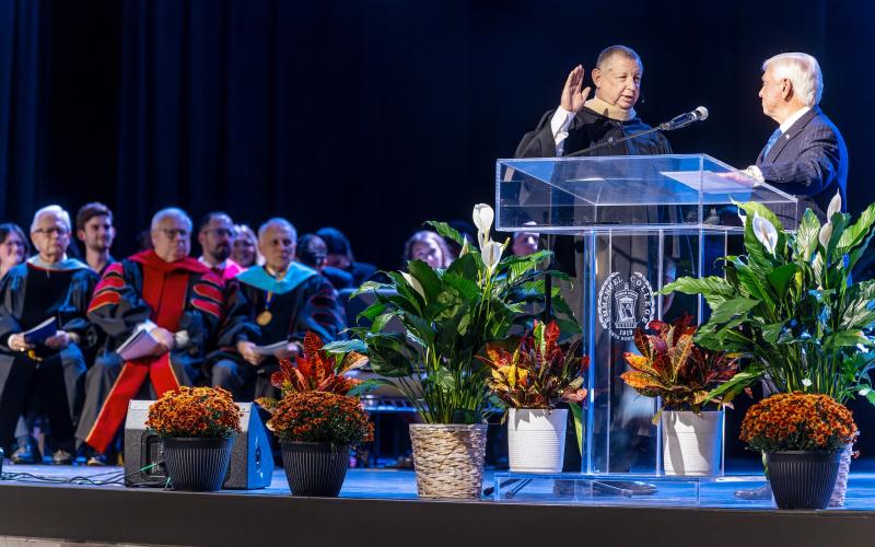 Rev. Greg Hearn (left) was sworn-in as the tenth president of Emmanuel College Nov. 15.