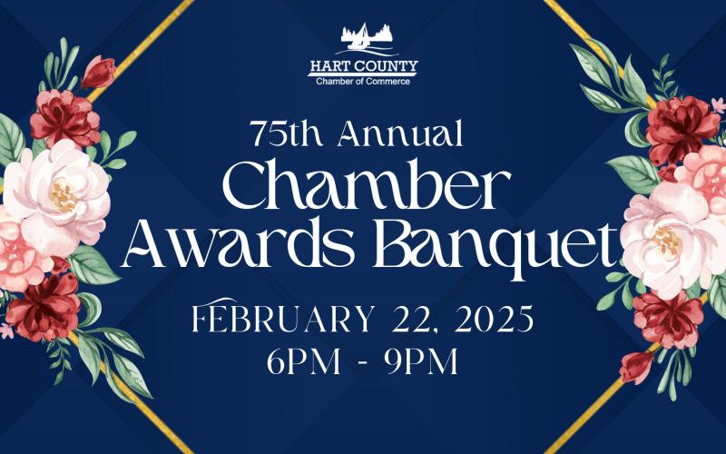 The Hart County Chamber of Commerce’s 75th annual chamber awards banquet will be held Saturday, Feb. 22 from 6 p.m. to 9 p.m. at The Station of Hartwell.