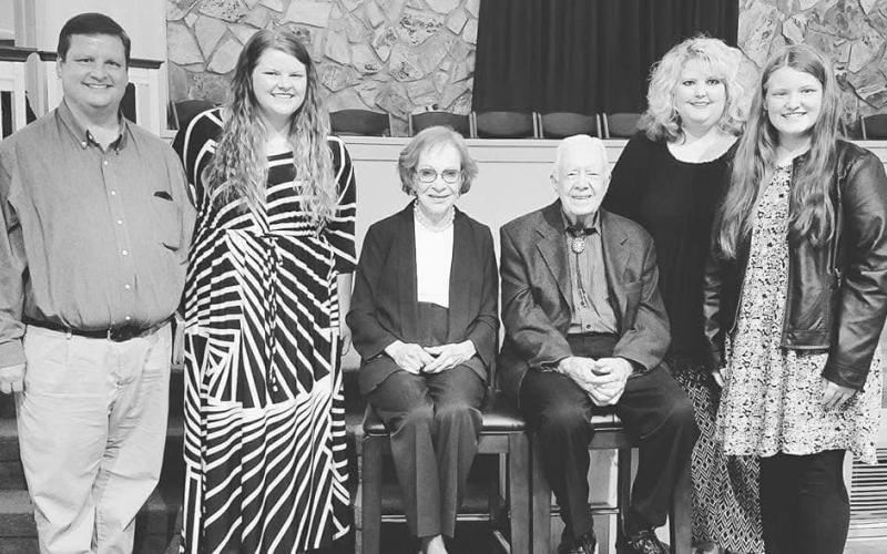 Pictured in April 2017 at Maranatha Baptist Church in Plains with the now late former First Lady Rosalynn Carter and the late former President Jimmy Carter are (L-R) Shane Scoggins, Rose Scoggins, Angela Scoggins and Marlie Scoggins.