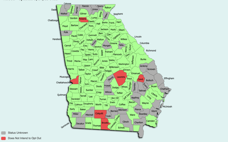 Superintendent Jennifer Carter presented a map during the Board of Education’s public hearing to opt out of House Bill 581 Monday that showed which boards of education across the state were holding hearings to opt out of the bill. Counties in green were holding hearings as of Jan. 24 while counties in red were choosing not to opt out. Gray counties were unknown as of Jan. 24. Graphic by Jackson Hensley of the Barrow County School System.
