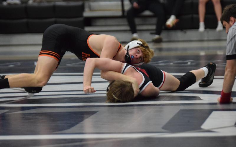 Senior wrestler Harrison Krause looks to pin his opponent and wins his match against Stephens County at the Area Duals. Photo by Shane Scoggins/Franklin County Citizen Leader.