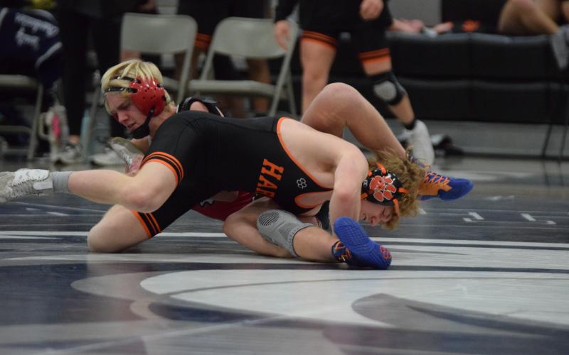 Senior wrestler Kaiden Carter wrestles against an Indian from Stephens County and won his match at the Area Duals. Shane Scoggins/Franklin County Citizen Leader.