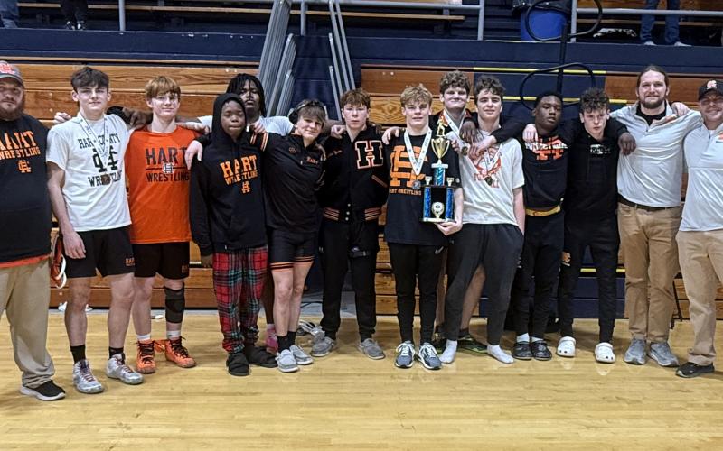 Pictured is the Hart County High School Mat Dogs as they placed third out of the 13 teams that competed at the Inferno Invitational at Elbert County High School on Jan. 25.
