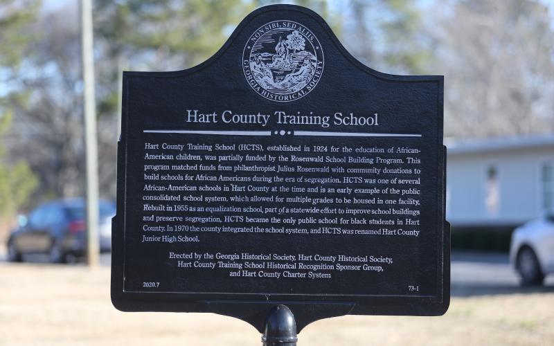 The historical marker at the former Hart County Training School reads: “Hart County Training School (HCTS), established in 1924 for the education of African-American children, was partially funded by the Rosenwald School Building Program. This program matched funds from philanthropist Julius Rosenwald with community donations to build schools for African Americans during the era of segregation. HCTS was one of several African-American schools in Hart County at the time and is an early example of the public