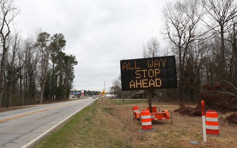 The intersection of Elberton Highway, Bio Church Road and Coldwater Creek Road/Cokesbury Highway will be a four-way stop Feb. 26. Signs from the Georgia Department of Transportation have been up on both sides on Elberton Highway for the past few weeks warning travelers of the change.