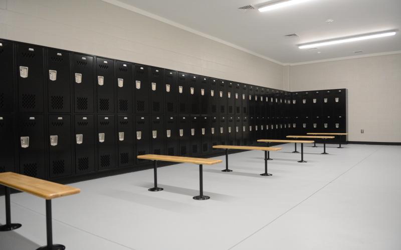 The new multipurpose athletic facility at Veterans Stadium (above) features a coaches office that faces the track/field, storage/equipment room for the track and middle school football team, a fully functioning concession stand, a hydration station and two locker rooms with bathrooms, a hydration station, lockers and benches in each room. Both locker rooms can hold up to 160 athletes.