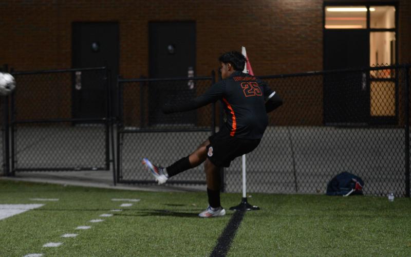 German Franco sends the corner kick into play in the 5-0 win over Banks County Feb. 13.