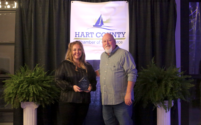 Backstreet BBQ was named the Small Business of the Year at the Hart County Chamber of Commerce banquet Feb. 21. Pictured receiving the award are owners (L-R) Kayla Segars and Bob Beck.