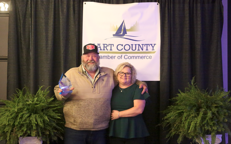Darrin Phillips of Phillips Appliance and Plumbing Services, LLC was named the Business Person of the Year at the Hart County Chamber of Commerce banquet Feb. 21. Pictured receiving the award are (L-R) Phillips and his wife Connie.