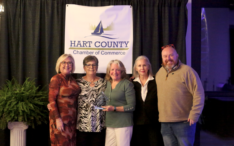 Hartwell Main Street was named the Non-Profit Organization of the Year at the Hart County Chamber of Commerce banquet Feb. 21. Pictured receiving the award are (L-R) Main Street Coordinator Elizabeth Olney, volunteers Nancy Butler, Debbie Kulcsar, DruAnn Williams and Downtown Development Authority Executive Director Jason Ford.