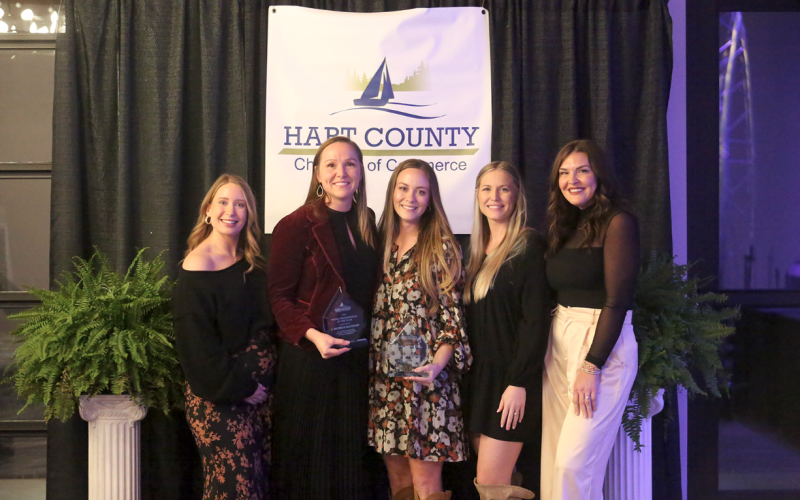 Dr. Michelle Seawright and Brittany Lewis of Whole Hart Wellness and Vitality by Whole Hart Wellness were named the Young Professional(s) of the Year at the Hart County Chamber of Commerce banquet Feb. 21. Pictured are (L-R) Samantha Gibson, Young Professionals of the Year Dr. Michelle Seawright and Brittany Lewis, Victoria Fain and Katie York.