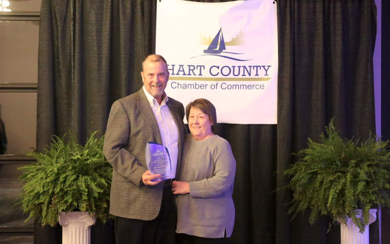 Dwayne Dye, former director of economic development for the Hart County Industrial Building Authority, received the Jack Edmunds Lifetime Achievement Award at the Hart County Chamber of Commerce banquet Feb. 21. Pictured are Dye and his wife Donna.