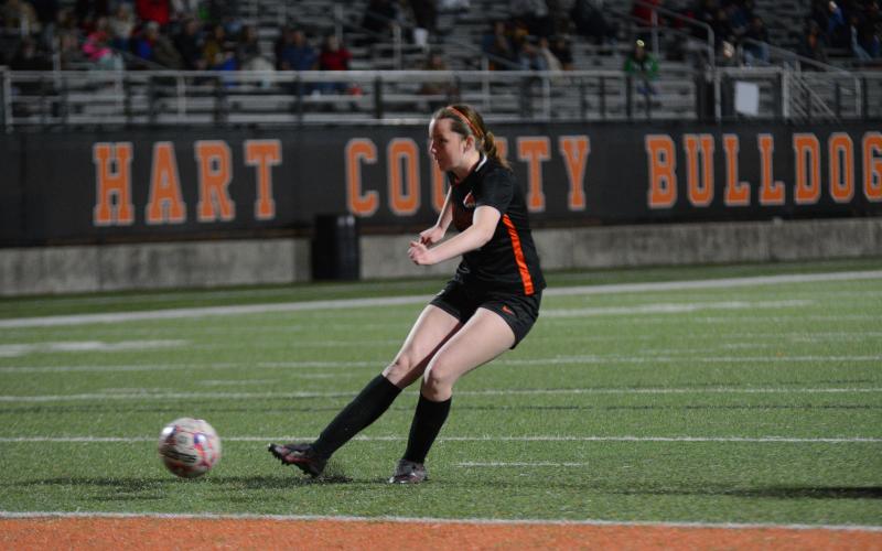 Junior Madison Heaton makes her penalty kick in the 3-2 loss to the Lady Patriots of Oglethorpe County in penalties.