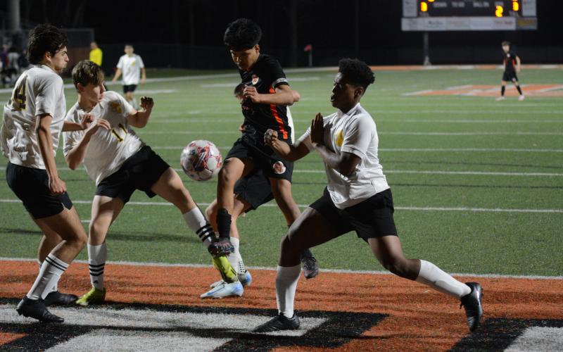 Sophomore Manuel Velazquez Sigala scores his second goal of the match in the 6-0 win over Crescent on March 4.