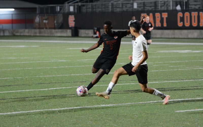 Cayson Craft finishes with two assists and a goal in the 8-0 win over the Bulldogs of Thomson on April 18. (Photo/Benjamin London)
