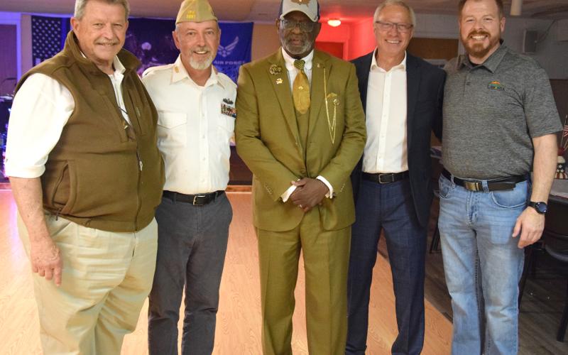 Veterans from Franklin County, surrounding counties, Atlanta, South Carolina and farther away attended Friday’s ceremony at the Lavonia VFW. Speaking at the event were (right photo, from left) State Rep. Alan Powell, Lavonia VFW Post Commander Vic Therou, Willie Neal, Lavonia Housing Authority Director Rick Whitworth and Lavonia Mayor Courtney Umbehant. (Photo/Shane Scoggins)