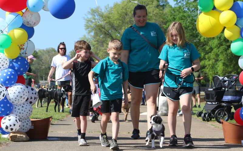 Quinton Holmes, Chevy Holcomb, Lauren Yetzina and Quillie Holmes walking Diamond, a piconese mix, through the balloon archway at the 2025 Dam Dog Walk. (Photo/Adriana Cascio)
