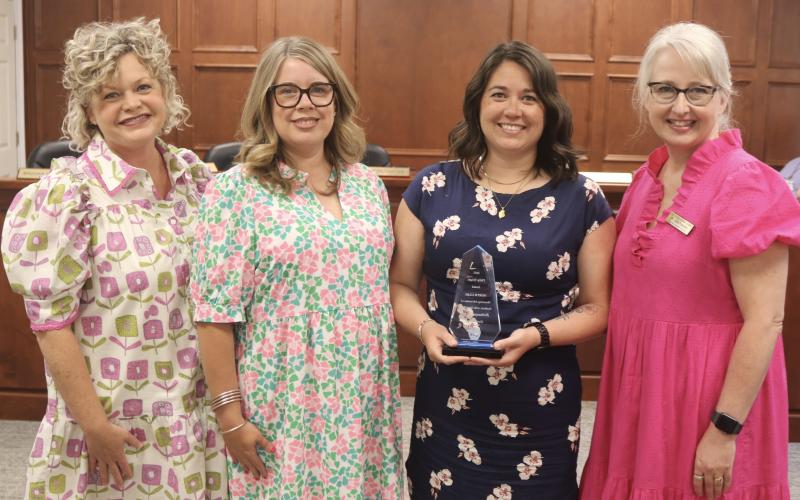Pictured during the Hart County Board of Education’s April 21 meeting are (L-R) Superintendent Jennifer Carter, BOE Chair Kim Pierce, Support Services Administrative Assistant Brittany Geraty and Director of Special Services Julie Franklin. (Photo submitted by Grayson Williams)
