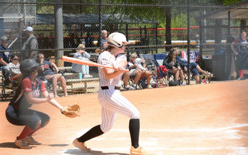 Senior outfielder Skylar Dutton collects a hit in the 14-4 loss against Haralson County. (Photo/Benjamin London)