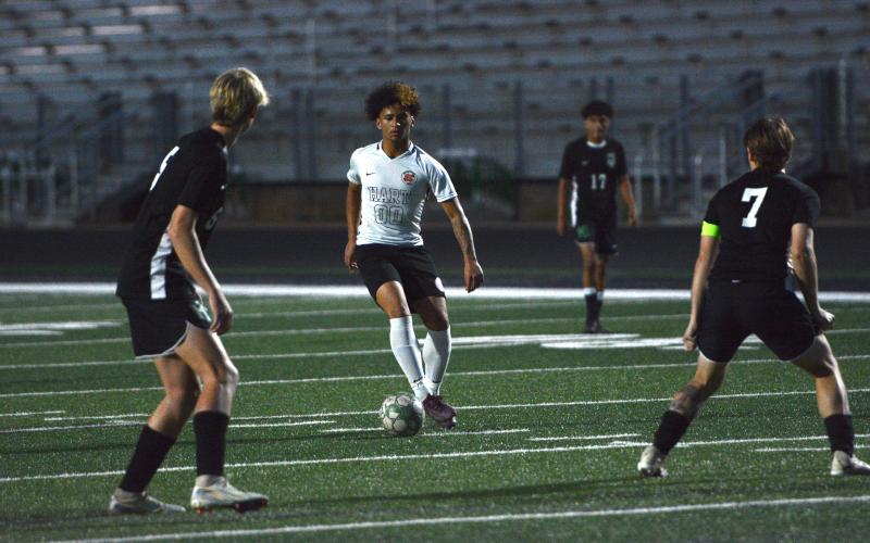Center midfielder Trey Martin controls the ball before taking a shot in the 4-2 loss to Franklin. (Photo/Benjamin London)