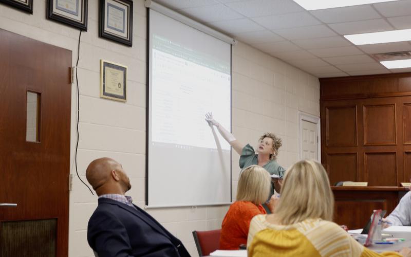 Superintendant Jennifer Carter pointing to a Fiscal Year 2026 tentative budget spreadsheet at Tuesday's budget work session. The Board of Education anticipates a projected $3.2 million total increase from the previous year’s budget. (Photo/Adriana Cascio)