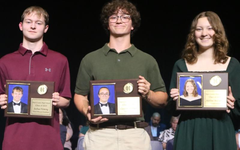 Third Honor Graduate Josh Fleming (left), Salutatorian Cayson Fechner (center) and Adeline McCurley (right) were honored for their academic achievements during the Hart County High School senior awards night May 5. (Photo/HCCSS)
