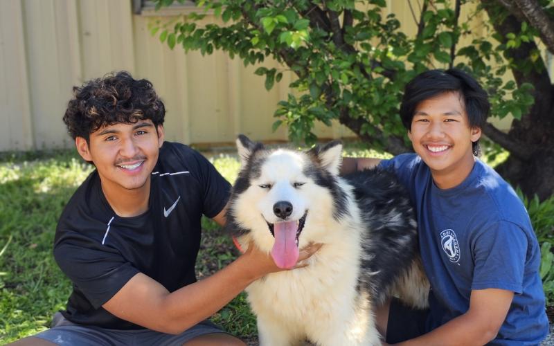 Ivan Delgadl and Powell Chiang pose with Auggie, a longhair husky mix. (Photo submitted by Fanczi)