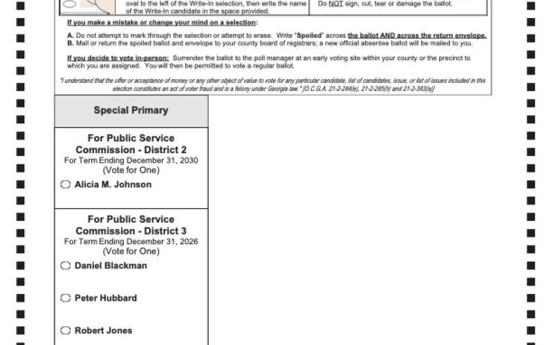 Voters will choose between a Democrat or Republican ballot when casting a vote in the special primary for public service commissioners in districts 2 and 3. Early voting begins Tuesday, May 27 with Election Day June 17. (Sample ballots provided by the Hart County Board of Elections and Registration Office)