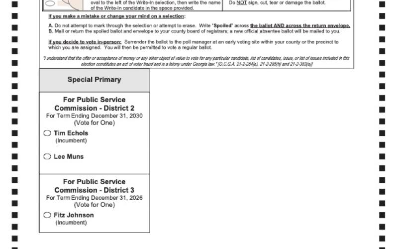 Voters will choose between a Democrat or Republican ballot when casting a vote in the special primary for public service commissioners in districts 2 and 3. Early voting begins Tuesday, May 27 with Election Day June 17. (Sample ballots provided by the Hart County Board of Elections and Registration Office)