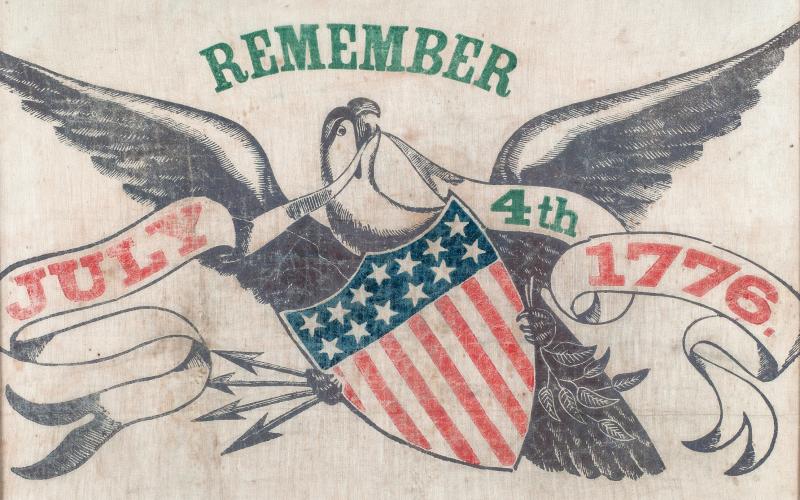 Images that can be seen as part of the Smithsonian Institute’s “Voices and Votes: Democracy in America” exhibition that will be on display at the Arts Center of Hartwell June 7 to July 19, 2026 include (above) a “Remember the 4th” holiday banner from the 1860s. (Photo courtesy of the Smithsonian Institute)