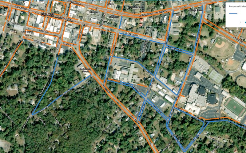 An additional 20,000 feet of new sidewalks that will connect Hart County schools to residential neighborhoods and the downtown area are set to be placed in the City of Hartwell after the city council approved a $1 million Appalachian Regional Commission Sidewalk Grant Project during Monday night’s meeting. In the proposed map of the sidewalk locations above, the blue lines reflect the new sidewalks while the orange lines reflect current sidewalks. (Map courtesy of the City of Hartwell)