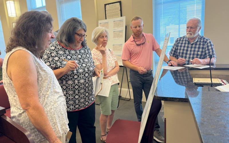 During the City of Hartwell’s Comprehensive Plan meeting Monday, members of the public including (L-R) Tamyra Hyatt, Rita Smith, Rita Chapman and commissioners Jeff Brown and Marshall Sayer study the public comment form before crafting their input. Results from the comments will be discussed during the final meeting Aug. 12 at 4 p.m.  (Photo/Adriana Cascio)
