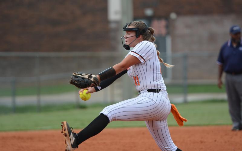 Junior pitcher Chesnee Strickland delivers a pitch in the 8-0 loss to Jackson County in the season opener Aug. 7. (Photo by London)