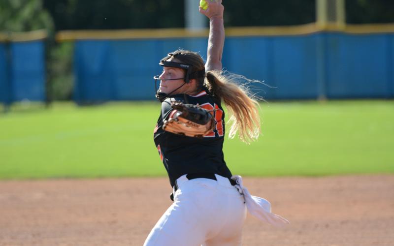 Junior pitcher Chesnee Strickland winds up to deliver the pitch in an away game earlier in the season. (Photo by Benjamin London)