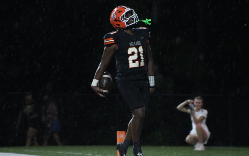 Junior running back Faustino Rangel celebrates after scoring his third touchdown of the night in the 51-20 win over rival Elbert County Aug. 15. (Photo by Grayson Williams)