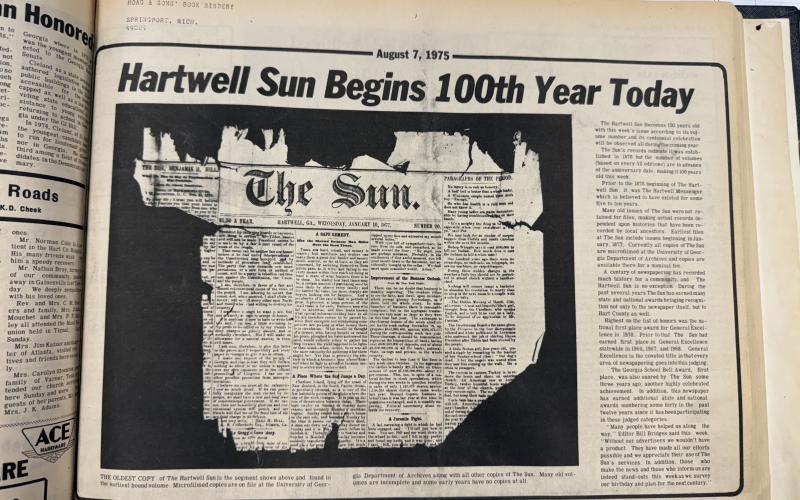 The front page of the Aug. 7, 1975 edition of The Hartwell Sun boasted the paper was beginning its 100th year with the printing of that week’s paper. 50 years later, we’re taking their word for it and kicking off celebrating our 150th year. (Photo from the Aug. 7, 1975 edition of The Hartwell Sun)
