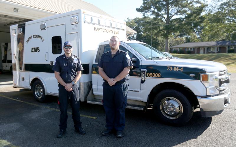 Hart County Emergency Medical Services (EMS) paramedic Stoney Norris (left) and advanced emergency medical technician (EMT) Mike Evans are just two of the crew members with Hart County EMS that have a heart for serving the community through patient care. (Photo by Rose Scoggins)