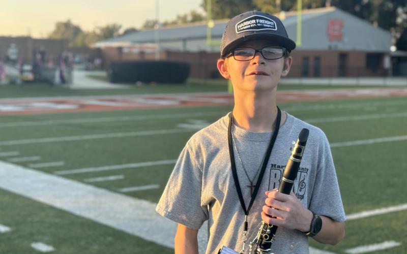 Freshman clarinetist Shia Hiland was named member of the week for the Sept. 25 High Notes series. In addition to his marching and playing efforts, Hiland was selected for his dedication to helping the band and the crüe by moving props and equipment. (Photo by Adriana Cascio)