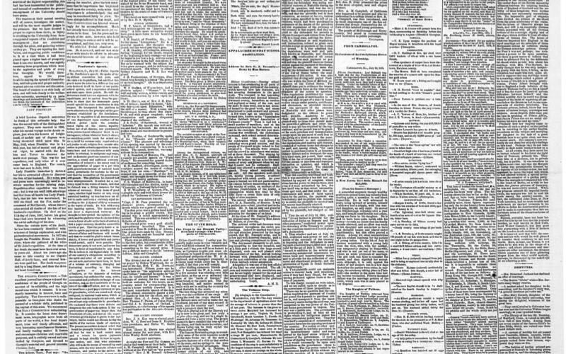 The front page of the July 27, 1875 edition of The Atlanta Constitution reported Hartwell high school had opened with 50 scholars and that the new Baptist church was set to be dedicated the fourth Sunday in August. (First page from Georgia Historic Newspapers)