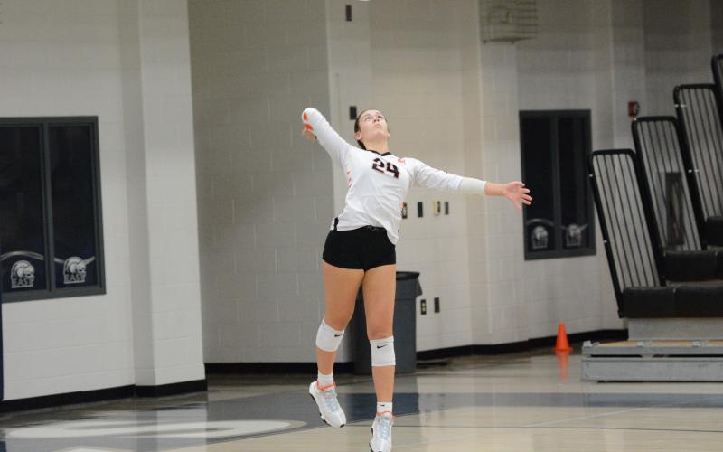 Sophomore outside hitter Coley Phillips serving the ball into play in the 2-1 win over Franklin County. (Photo by Benjamin London)