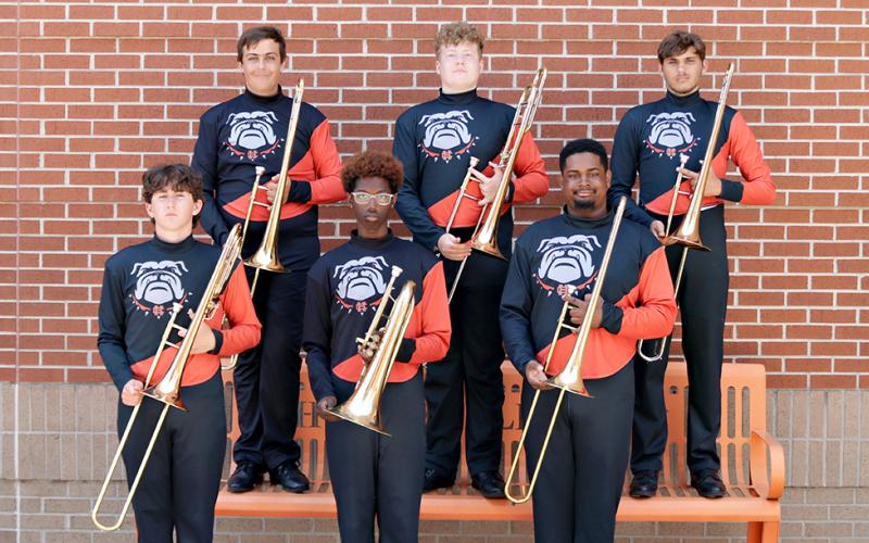 Trombonists include (front row, L-R) Tinsley River Powell, Jamal Eberhardt and Michael McDonald; (back row, L-R) Lukas Smith, Alexander Carruth and Gage Vasile. (Photo submitted by Hilaree Hudson)