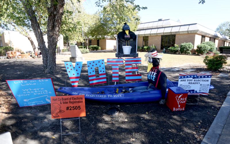 The Hart County Board of Elections and Voter Registration’s scarecrow is all about voting. The display features information to help citizens make sure they are “Election Ready” in preparation for the two elections taking place Nov. 4. (Photo by Rose Scoggins)