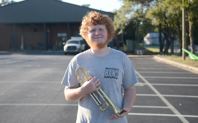 Trumpet player Brody McDuffie has been named the Hart County Bulldog Marching Band member of the week for his hard work behind the scenes helping with props and other duties. (Photo by Benjamin London)